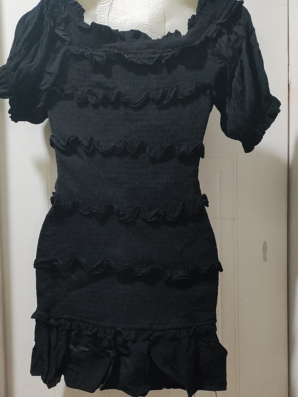 The Impeccable Pig Black Off-Shoulder Ruffle Mini Dress - Picture 6 of 10